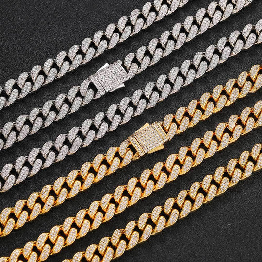 12mm Cuban Chain Necklace with Spring Buckle and Zircon Stones for Men