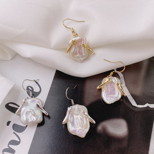 Natural Freshwater Pearl Earrings for Women, Baroque Irregular Rectangle Pearl Ear Hooks with Personalized Design Earrings