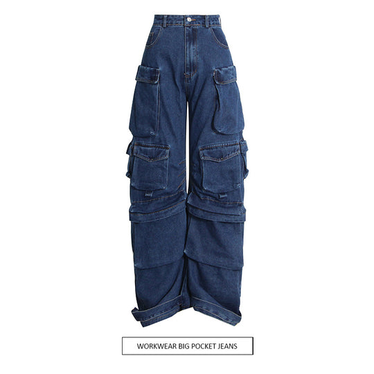 Fashionable Cowhide Work Pants with Multi-pocket and Loose Fit for Autumn