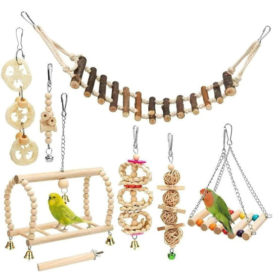 Parrot Chewing Toy - Wooden Swing Hanging Bell Bundle Set 8 Pieces 350g