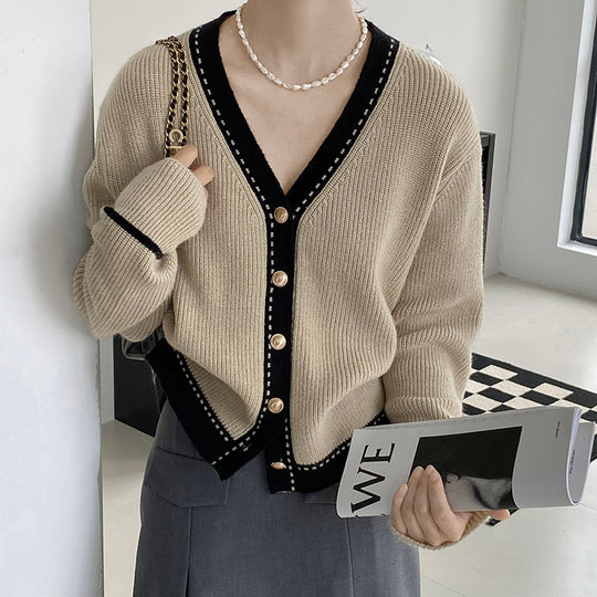 Women's Oversize V-Neck Knit Cardigan with 50%-70% Polyester Blend and Korean Style