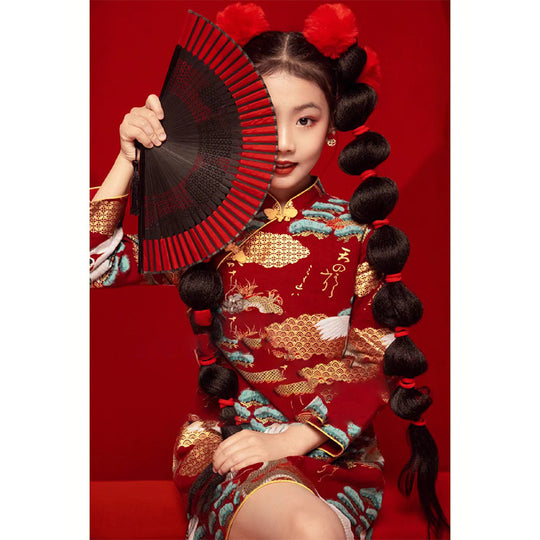 Girl's Chinese Style Dress with Red Stand Collar for Spring Performance