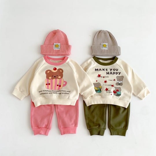 Cute Bear Print 2 Piece Kids Clothes Set for Spring/Autumn, Suitable for 1-3 Years Old Boys and Girls